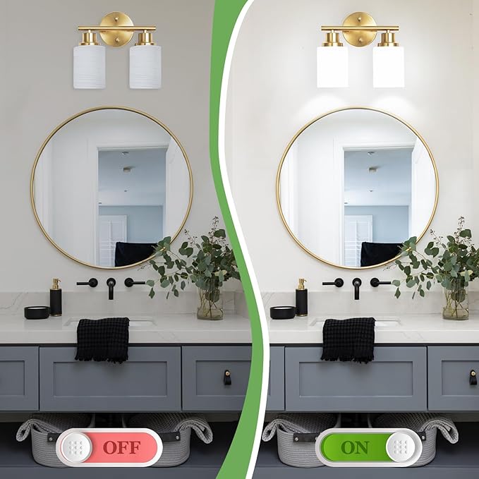 2-Light Vanity Lights, Brushed Gold Bathroom Light Fixture with Striped Textured Milky White Glass Shade, Modern Vanity Lighting Fixture for Bathroom Wall Light Over Mirror, E26 Wall Sconce