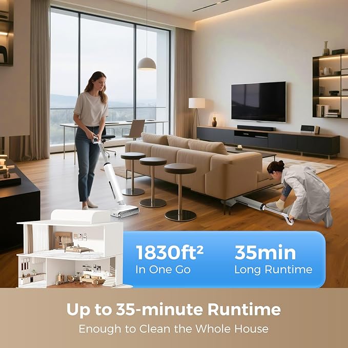 Wet Dry Vacuum Cleaner, 180° Lay-Flat Cordless Vacuum Mop Combo with Edge Cleaning, All-in-One Floor Cleaner for Hard Floors, Self-Cleaning, 35mins Runtime, LED Display, Voice Prompts