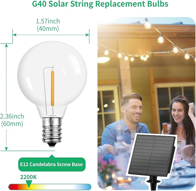 Meconard DC 3V Low Voltage, Solar Replacement Bulbs for G40 outoodr String Lights, Shatterproof 1W LED Bulb, E12/C7 Candelabra Screw Base, Warm White 2200K, 25Pack