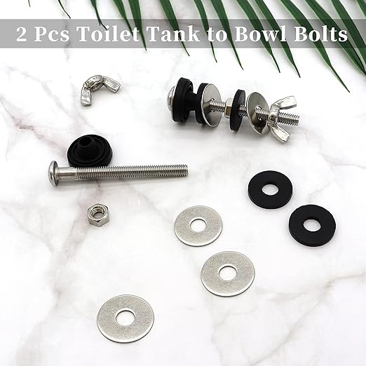 Universal Toilet Tank to Bowl Bolts Kit, Heavy Duty Toilet Bolts, Waterproof Stainless and Rubber Washers Gaskets with Extra Long Nut Screw for Fastening (Silver) (2, Short)