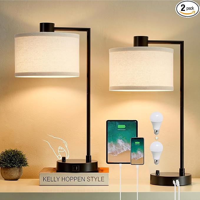Luvkczc Table Lamp for Bedroom Set of 2 with USB C+A Ports, Fully Stepless Dimmable Bedside Lamp with Linen Lampshade, Contemporary Lamp for Living Room Reading Office, 2 LED Bulbs Included (Black)