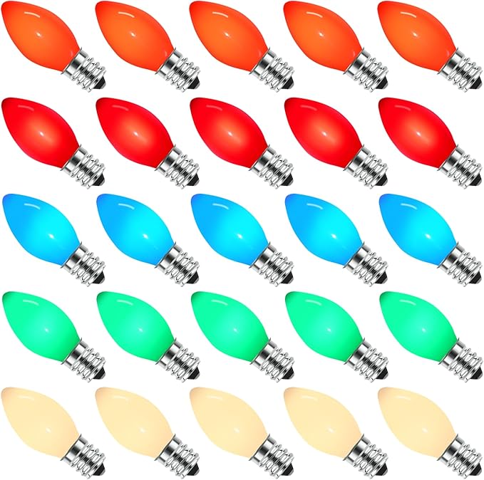 C7 Vintage Christmas Lights, Multicolor Lights Bulbs for Hanging String Lights Outdoor, Great for Holiday Party Wedding Christmas Decorations (25 Pack C7 Bulbs)