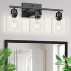 Modern 3 Light Bathroom Light Fixtures, 19 inch Black Vanity Lights for Bathroom with Clear Glass for Mirror Kitchen Living Room Hallway Cabinet Porch