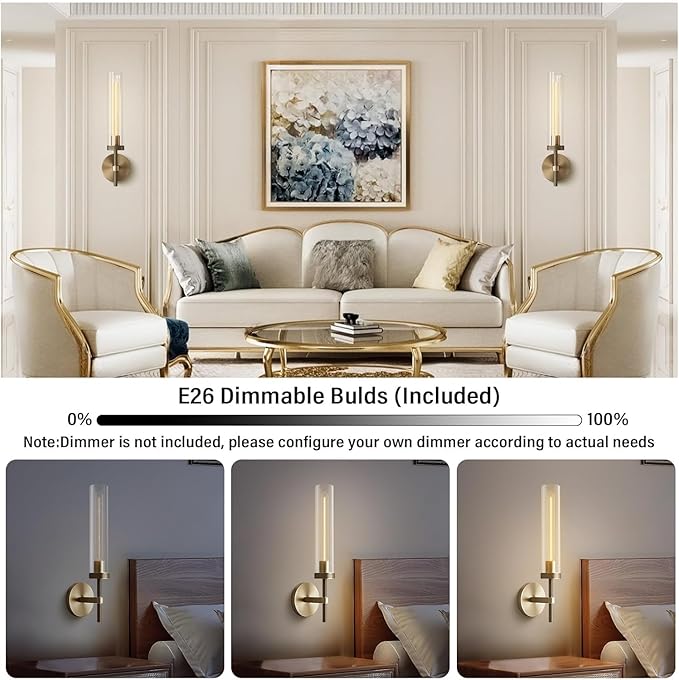 Brass Wall Sconces Set of 2, Double Lights 30" Knurled Texture Indoor Wall Light Fixtures, Bathroom Vanity Light Fixtures with Clear Glass, Modern Wall Lamp for Living Room Hallway(Bulb Included)