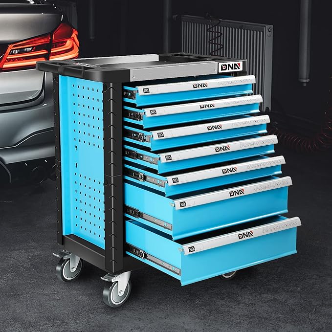 DNA MOTORING 7-Drawer Rolling Tools Chest, Rolling Tool Storage Cabinet, Heavy Duty Mechanic Tool Cart, Trolley Organizer for Garage, Warehouse, Workshop, Blue, TOOLS-00482