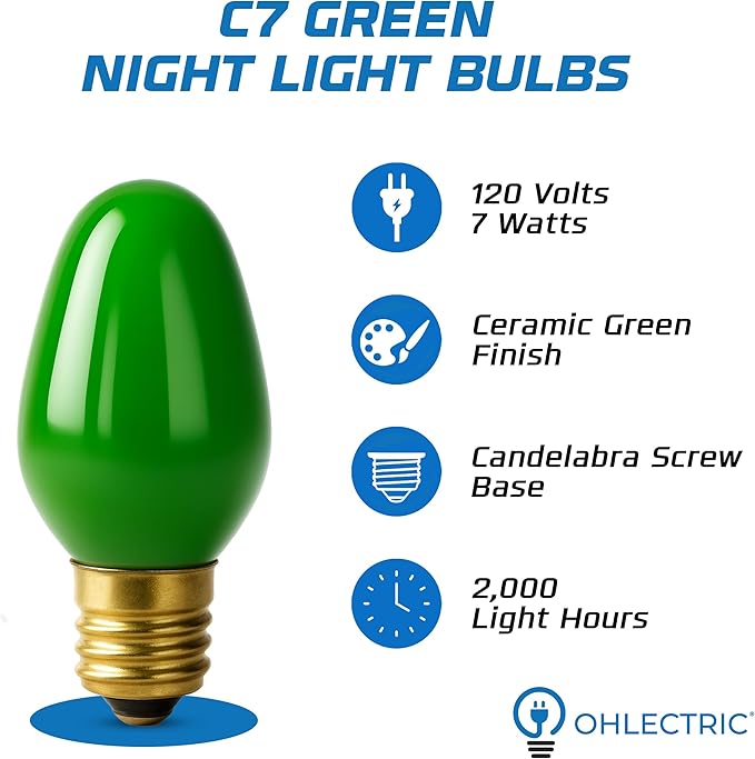 OHLECTRIC Night Light Bulbs (24-Pack – Green), 7 Watt Mini Bulbs – E12 Candelabra Base, Non-Dimmable, 120 Volts – C7 Night Light Lamp Replacement Bulb for Salt Lamps, Window Candles, Holiday Decor
