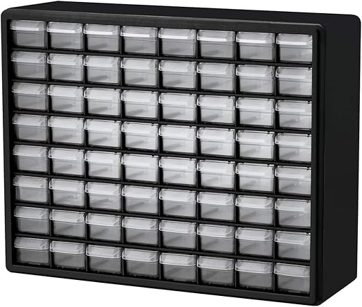 Akro-Mils 64-Drawer Plastic Drawer Storage Cabinet for Garage Organization, Bead Organizer, Building Bricks Storage, Teacher Toolbox, Makeup Organizer, 20" W x 6" D x 16" H, 10164 Black