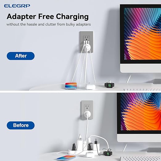 ELEGRP USB Outlets Receptacles, 3-Port Wall Outlet, 30W 6.0A Electrical Outlet, 15 Amp Tamper-Resistant Outlet with Type C Ports, UL Listed, Screwless Wall Plate Included, 1 Pack, Matte Gray