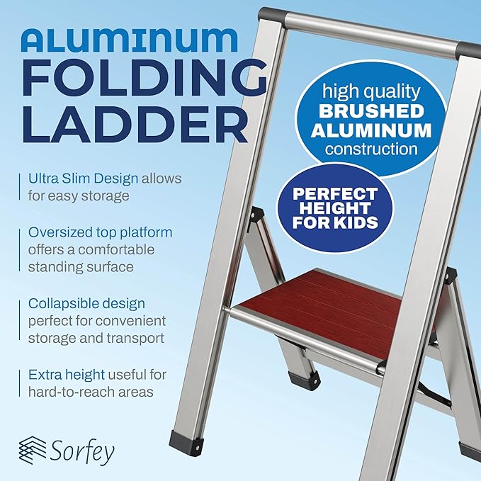 Step Ladder 1 Step Folding, Decorative - Beautiful Mahogany & Silver Aluminum, Ultra Slim Profile, Anti Slip Steps, Sturdy-Portable for Home, Office, Kitchen, Photography Use,by SORFEY
