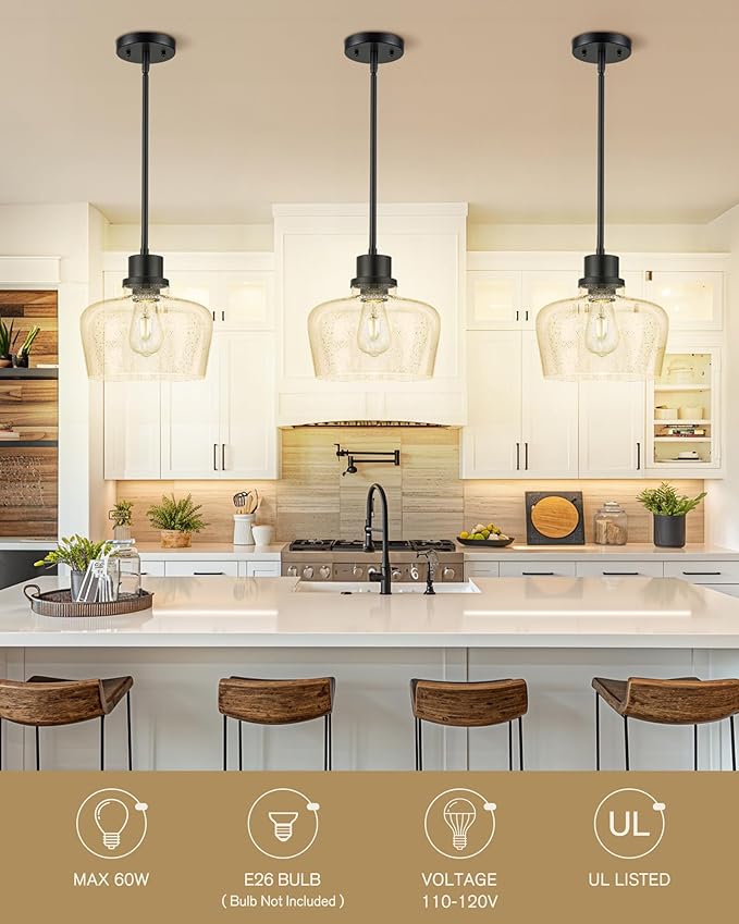 Emak 10 Inch Large Pendant Light, Black Pendant Lights Kitchen Island with Seeded Glass Shade, Modern Farmhouse Island Lights for Kitchen, Dining Room, Entrance, PL126-BK-SG