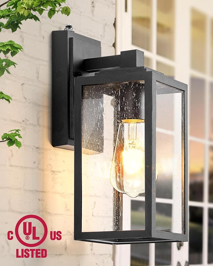 VIANIS Dusk to Dawn Outdoor Porch Lights Wall Mount, Modern Black Exterior Sconce Light for House, Waterproof Carriage Lamp, Anti-Rust Aluminium Wall Lantern with Tempered Seed Glass Shade for Garage