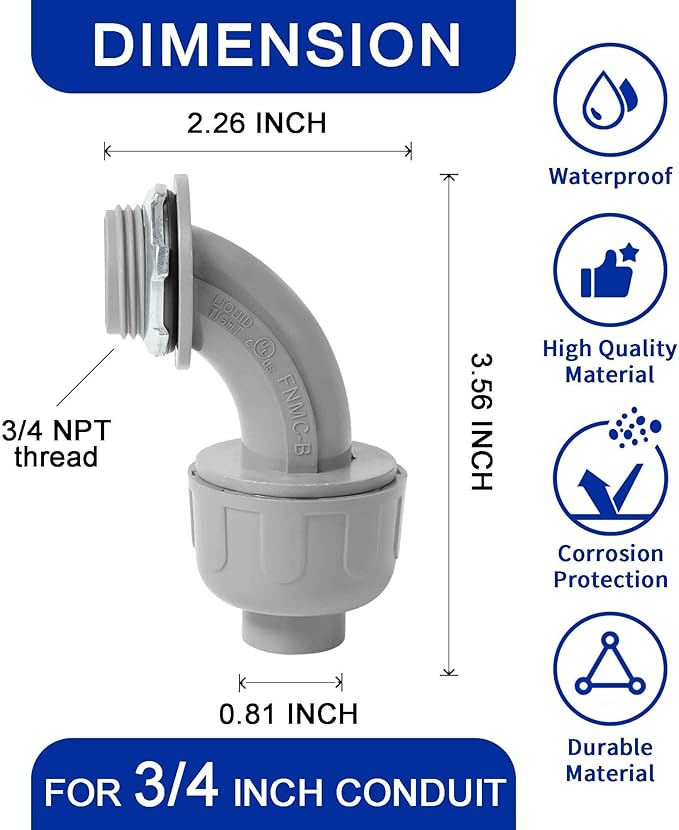 (20 Pack) Yariwiz 3/4 Plastic Liquid Tight Conduit 90 Degree Elbow