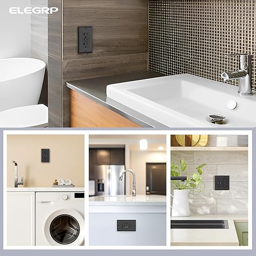 ELEGRP GFCI Outlet 20 Amp, Self-Test GFI Electrical Outlet with Narrow Design, GFCI Receptacle with LED Indicator, UL Listed, Black, Wall Plate Included, 1 Pack