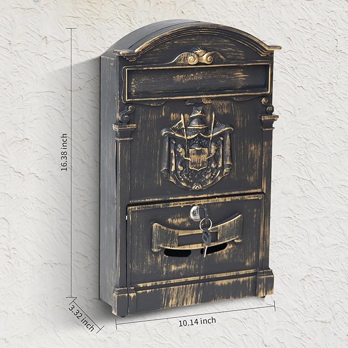 Vintage Wall Mount Mailboxes for House, Rust-Resistant Locking Mailbox with Key Locks, Galvanized Steel Outdoor Mailboxes, Bronze