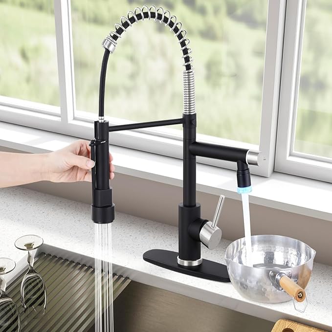 Smart Kitchen Faucet, 3 Modes Pull Down Sprayer, LED Temperature Control, Ceramic Valve,360-Degree Rotation,1 or 3 Hole Deck Plate,Double Spout. 10-Year Warranty. (KW-21NR, Brushed Nickel/Black)