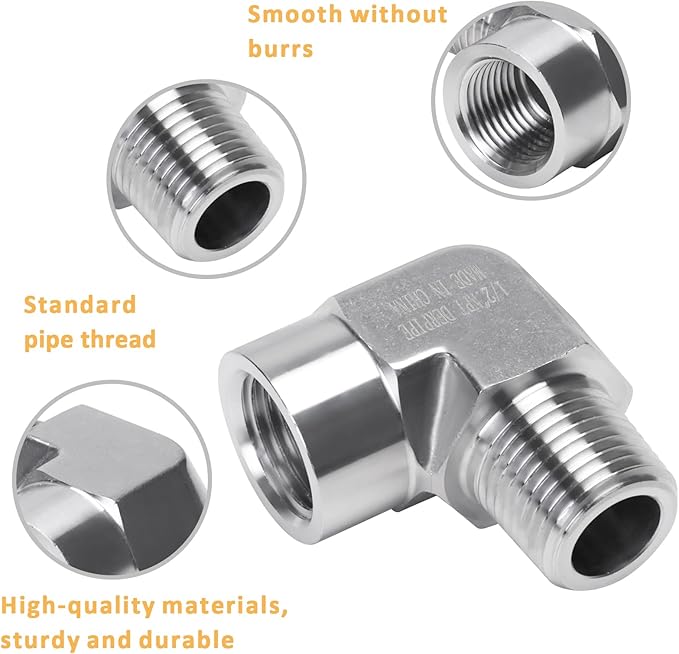 90 Degree Street Elbow - 1/2" NPT Male to 1/2" NPT Female Stainless Steel 304 Heavy Duty Forged Barstock Street Elbow Adapter Pipe Fitting (pack of 2)