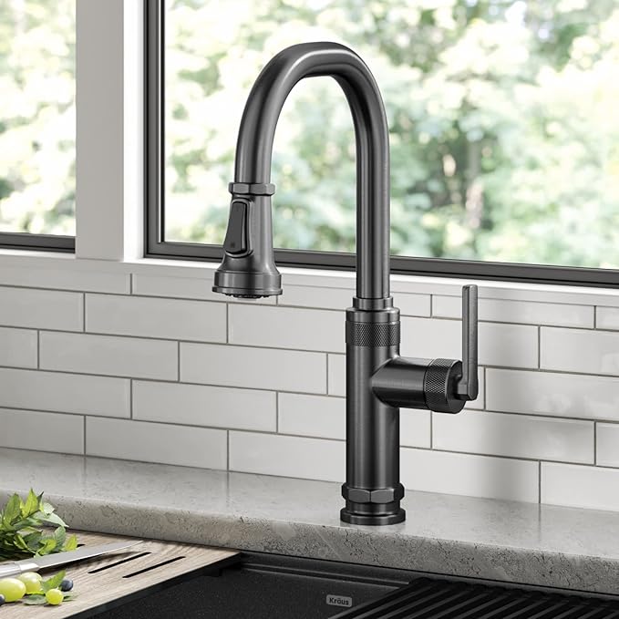 KRAUS Allyn Industrial Pull-Down Single Handle Kitchen Faucet in Spot-Free Black Stainless Steel, KPF-4102SFSB
