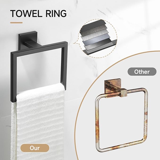 TQKAG Matte Black Bathroom Hardware Accessories Set 10 Pieces, 23.6" SUS304 Stainless Steel Towel Bar Set Wall Mounted Includes Single Towel Bar, Towel Ring, Toilet Paper Holder, Double Towel Hooks