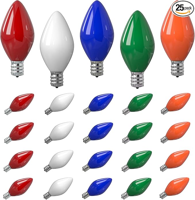 SUNSGNE Christmas Replacement Light Bulbs, C7 LED Ceramic Glass Multicolor Christmas Bulbs, 25 Pack, C7/E12 Candelabra Base, 0.6 Watt