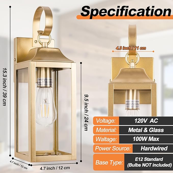 2 Pack Outdoor Light Fixtures Wall Mount, 15 Inch Gold Exterior Wall Sconces Waterproof, Large Outside Lights for House, Modern Wall Lanterns Clear Glass