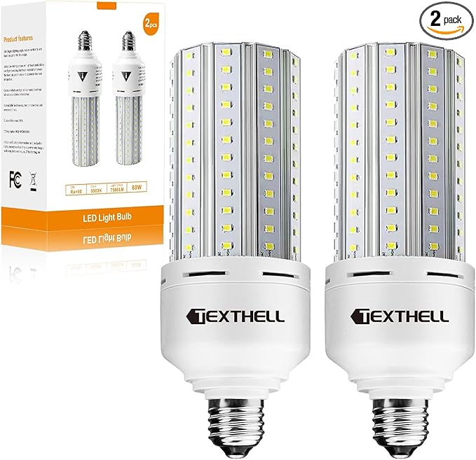 LED Light Bulb 500W Equivalent 7500 Lumen Led Corn Light Bulb,2 Pack 5000K Daylight White E26 LED Bulbs for Large Area Lighting Wide Application for Warehouse