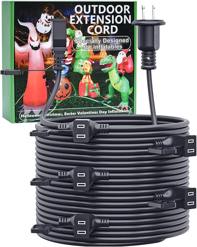 50FT Outdoor Extension Extension Cord for Halloween Christmas Inflatables with Multiple Outlets Black Electrical Cord with Multiple Plugs Outdoor Christmas Blow Up Decorations Light Extension Cords
