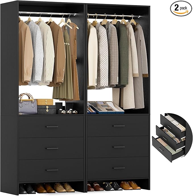 Aheaplus Closet System Closet Organizer, Wood Closet Organizer System, Walk-in Closet or Small Closets Wardrobe, Clothes Rack with Hanging Rods, 4FT Closets, Set of 2, Black