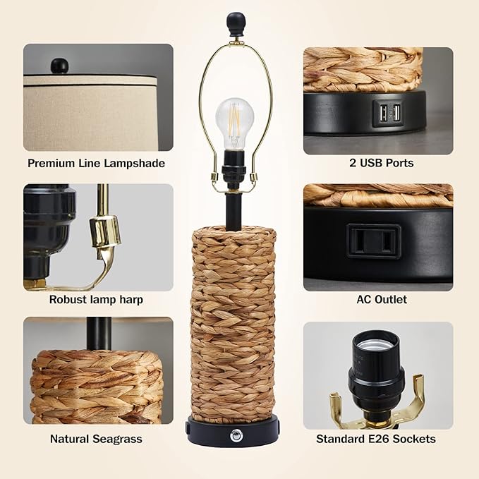 GyroVu Rattan Table Lamp Set of 2, Wicker Lamps, 3 Way Dimmable Touch Seagrass Table lamp with 2 USB Ports and 1 AC Outlet for Bedroom Nightstand Table, Livingroom End Table, Bulbs Include