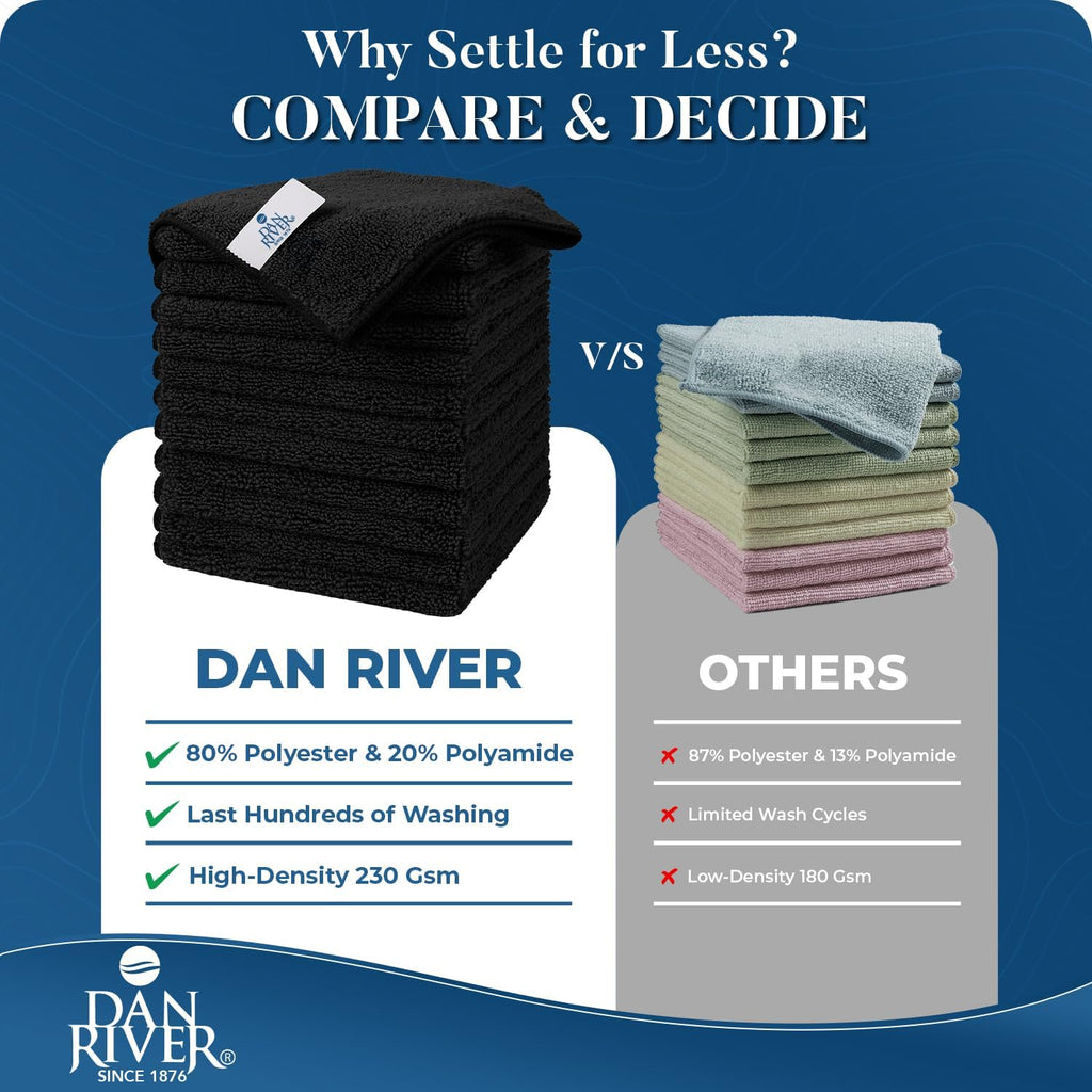 DAN RIVER 12-Pack Black Microfiber Towels – Ultra Absorbent, Lint-Free & Streak-Free Cleaning Rags for Home, Car & Kitchen - Must-Have Cleaning Essentials - 12" x 12"