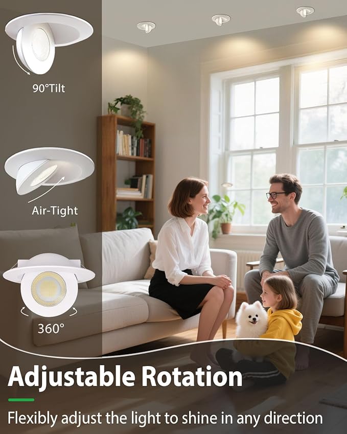 zouzai 4 inch 5CCT Gimbal Led Recessed Lights, 360°+90° Adjustable Directional Recessed Lighting, 2700K/3000K/3500K/4000K/5000K Dimmable Retrofit Eyeball Can Lights with Jbox, ETL(White, 6 Pack)