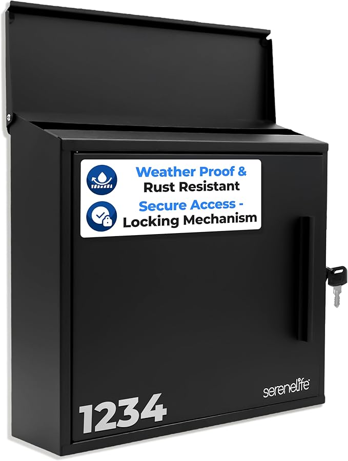 SereneLife Outdoor Wall Mailbox | 0.46 Cubic FT Locking Mailbox | Easy Installation, Secure Lock Mechanism | Ideal for Residential or Commercial Use | Wall Mountable 13.77" x 4.52" x 12.99 | Black