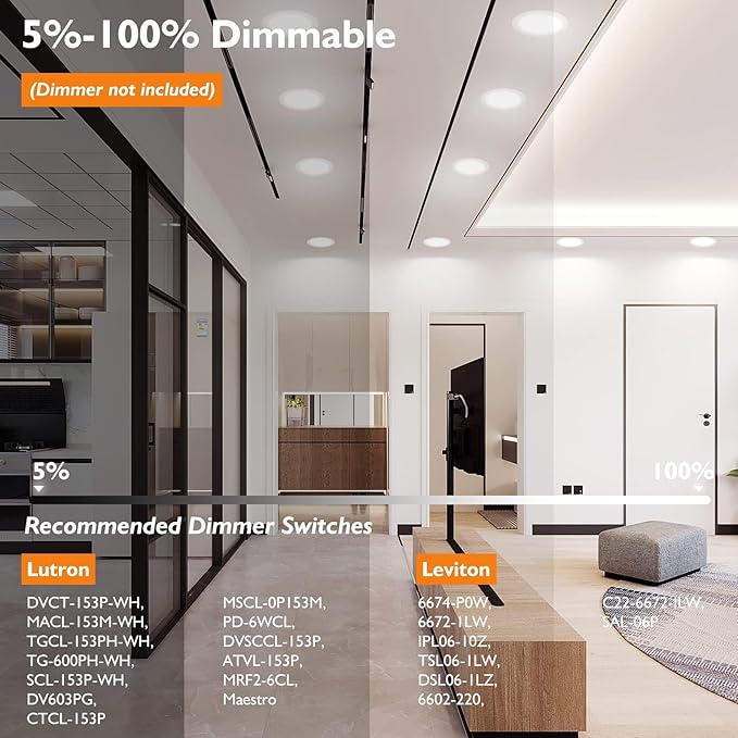 BesLowe 24 Packs 6 Inch 5CCT LED Recessed Ceiling Lights Ultra-Thin with Junction Box, 12W 150W Eqv, 3000K/3500K/4000K/5000K/6500K, 1200LM Dimmable Canless Downlights for Kitchen Hallway Dining Room