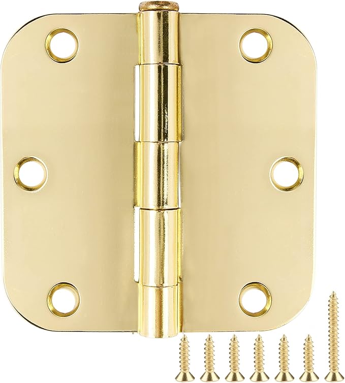 12 Pack Interior Door Hinges 3.5 inch X 3-1/2" 5/8 Radius, Polished Brass 3 ½" Gold Round Standard Hinge for Bedroom Doors DIY Assembly Bi-fold Table Hardware Home Accessories House Eseentials