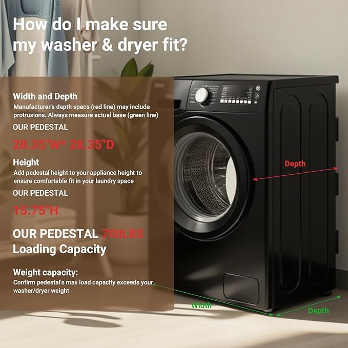 SKM Universal Washer & Dryer Pedestal for 27" & 28" Machines | Heavy-Duty Steel, 700LB Capacity | 15.7" Height, Anti-Slip & Shock-Absorbing, Black