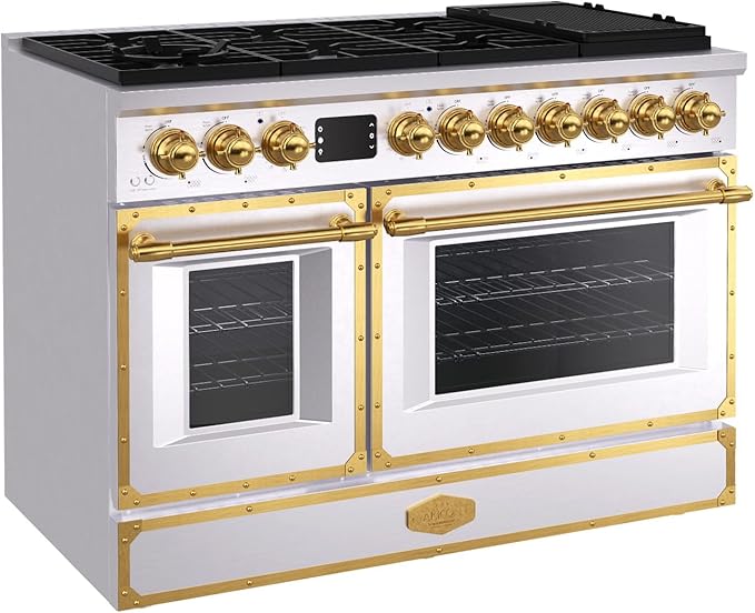 Akicon 48" Professional Custom Style Gas Range with 6.7 Cu. Ft. Oven, 8 Burners, Convection Fan, Cast Iron Grates, Clock and Timer