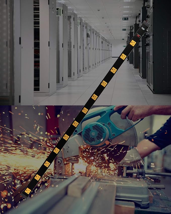 KMC 12 Outlet Heavy Duty Workshop Metal Power Strip with 3-Foot Long Extension Cord with Circuit Breaker, for Workshop and Industrial use, ETL Certified,Black