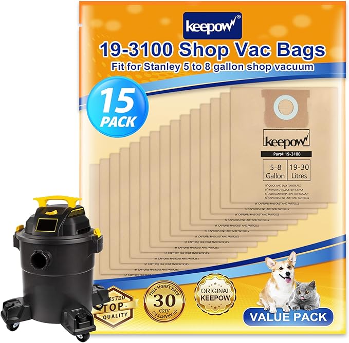 KEEPOW 15 Pack 5-8 Gallon Vacuums Bags, Compatible with Stanley SL18115, SL18116, SL18117, SL18158 and Porter-Cable PCX18406-5B, PCX18404P-6A– Durable, Easy Disposal for Wet/Dry Vacuums