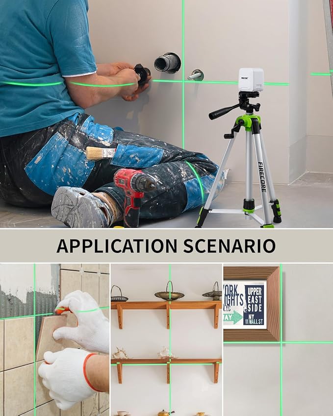 Laser Level with 50" Tripod, Firecore Self Leveling Cross Line Laser Level, Green Lazer Leveler Tool for Hanging Pictures Shelves DIY Projects, Battery and Carry Pouch Included
