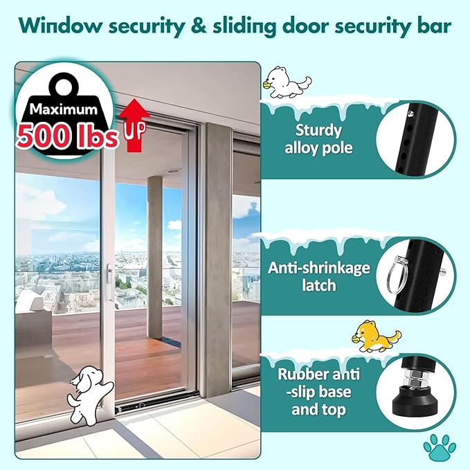 Window Security Bar, 2-in-1 Adjustable 17.9 to 51 Inch Slidingdoor Security Bar Security Bar for Home Pet Children Women Security Balcony Sliding Door Patio Door Security Apartment Window Black