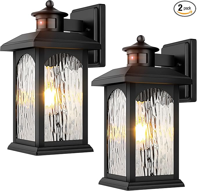 2 Packs Motion Sensor Outdoor Wall Lantern, Dusk to Dawn Outdoor Lighting, Black Porch Lights Fixture & Outside Wall Mount with Rippled Glass, Exterior Sconce Light for Front Patio Garage Entryway