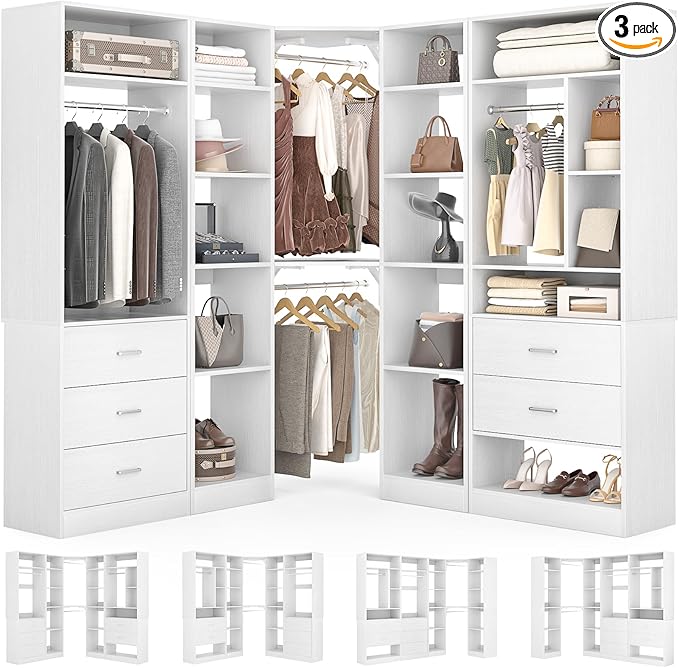 Corner Closet System with 5 Drawers, Closet Organizer System with 15+Shelvess & 4 Hanging Rods, 63.2"L * 63.2"W / 87.2"L * 39.2"W Reversible L Shaped Walk-in Closets, Load 2500+LBS, White