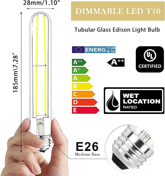 7.3 Inch E26 Led Bulb 6W Dimmable, 5000K Daylight Edison Bulbs 800LM, Equal 80 Watt Tubular T10 T9 Long Clear Glass Light Bulb for Rustic Pendant Industrial Pipe Wall Sconces - 4Pack