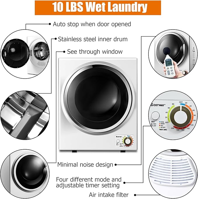 ARLIME Potable Clothes Dryer, 900W Compact Dryer w/4 Automatic Drying Mode, Stainless Steel Drum & Easy Control Panel, Electric Dryer for Apartments, Dorm & RVs 110V, White