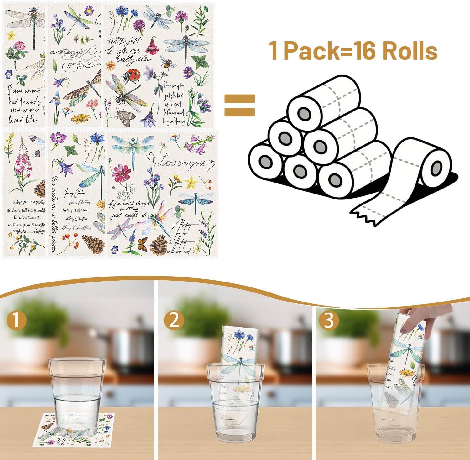 Dragonfly Swedish Dishcloths for Kitchen, 6 Pack Vintage Wildflower Reusable Paper Hand Dishing Towels Housewarming Gifts, Absorbent Dish Rags Decoration for Home Cooking Cleaning