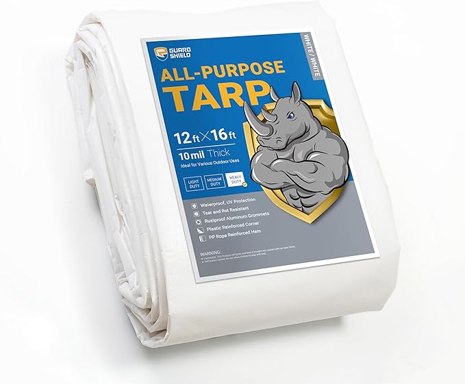 GUARD SHIELD Heavy Duty Tarp 12x16 Feet White Multi Purpose Thick Waterproof Poly Tarp Cover 10mil
