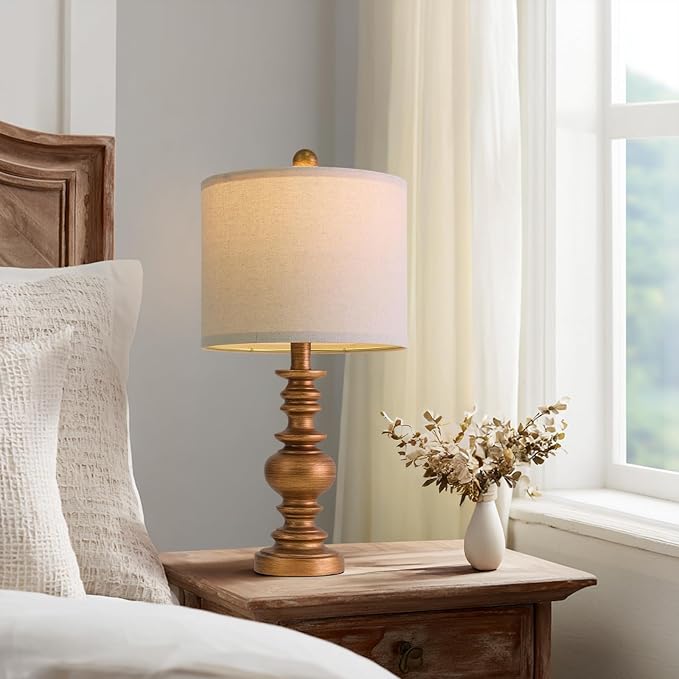 BOBOMOMO 20" Antique Gold Table Lamps Set of 2 – Handcrafted Vintage Bedside Lamps with Linen Shades, Elegant Farmhouse Lamps for Bedroom, Living Room, or Entryway – Perfect for Compact Spaces