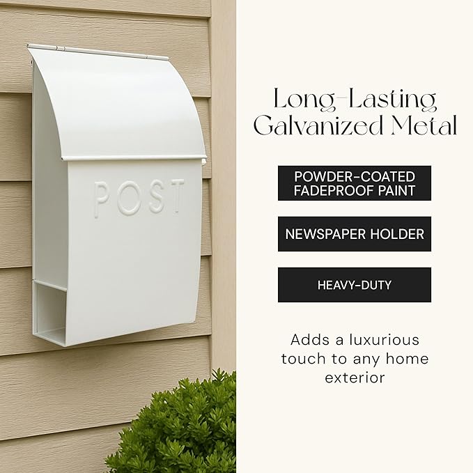 NACH Mailboxes for Outside Wall Mount, 15 x 10 x 4 inches, White Mailboxes for Outside, Waterproof Mailbox Wall Mount with Newspaper Holder - The Milano Mailbox