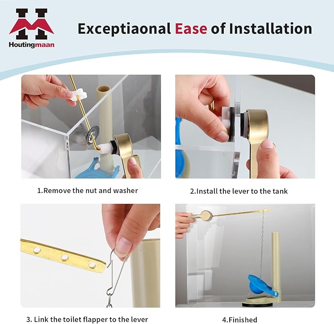 Houtingmaan Toilet Handle Replacement Kit,Toilet Handle Lever for Most Front Mount Toilets, Universal Brass Toliet Flush Handle Lever with Stainless Steel Flapper Chain,Gold