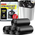 100 Count 17 Micron Extra Heavy Duty 4 Gallon Trash Bags, Sturdy & Tear-Resistant Small Trash Bags for Bathroom & Kitchen
