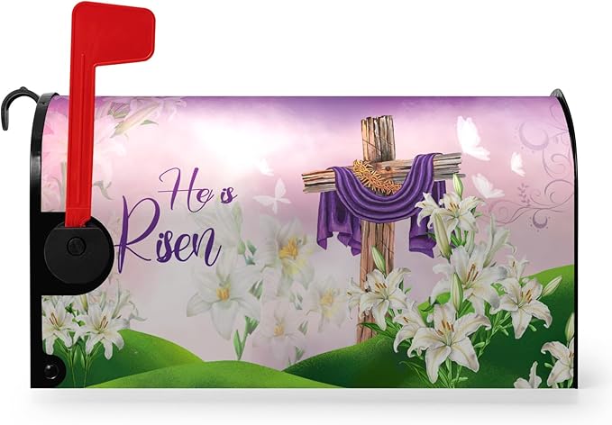 Easter Mailbox Covers Magnetic Large Size Cross Religious He is Risen Mailbox Post Cover Oversized Spring Lilies Floral Mailbox Wraps Waterproof Mailbox Decor for Garden Yard 21x25.5 Inch